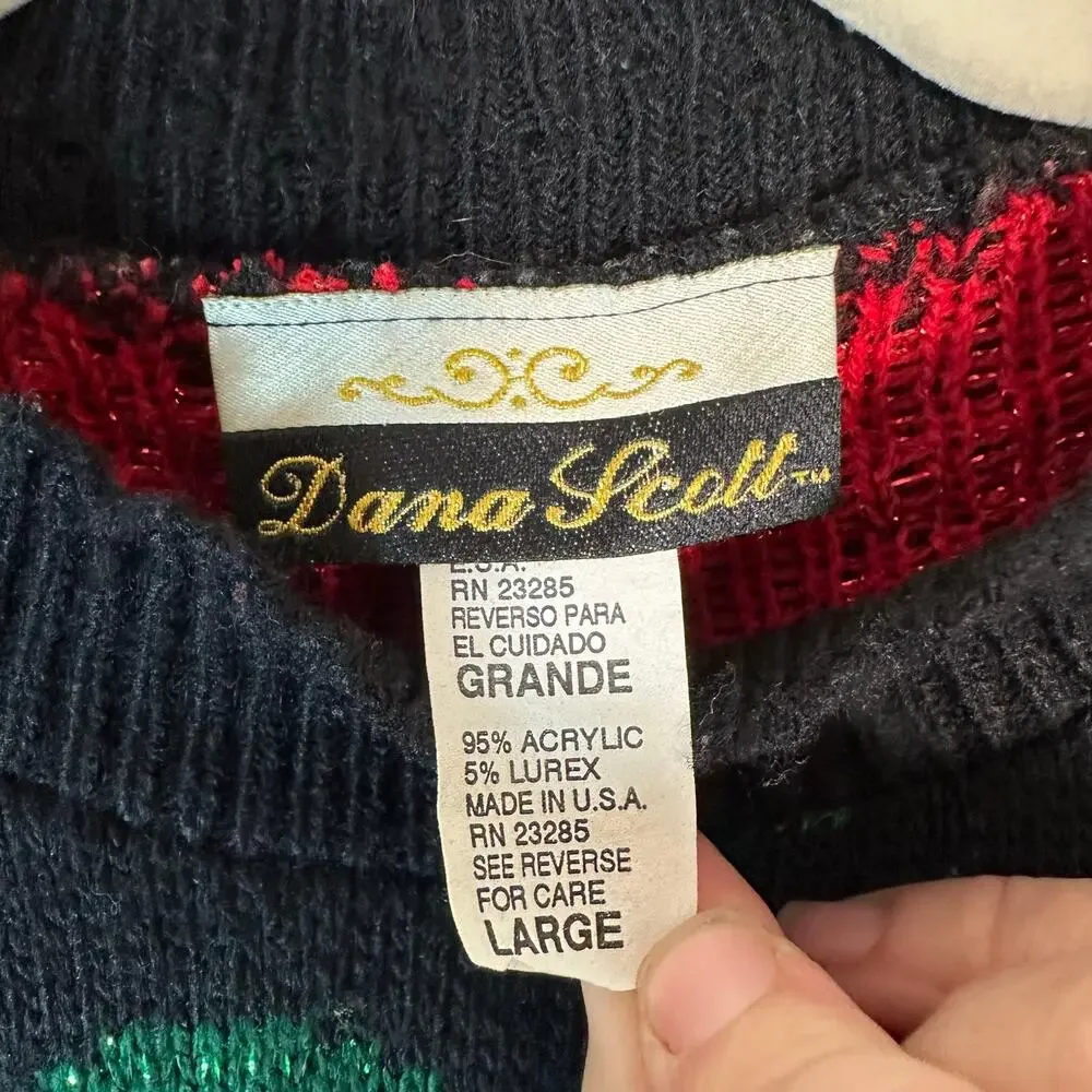 Dana Scott Christmas sweater black red‎ mock neck Robinson bows scallop hems